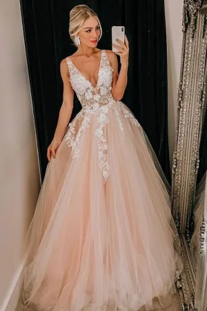 Sheer V-neckline Lace Blush Pink Wedding Dress Tulle Skirt