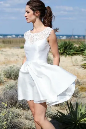 Short Informal White Wedding Dress with Lace Neckline