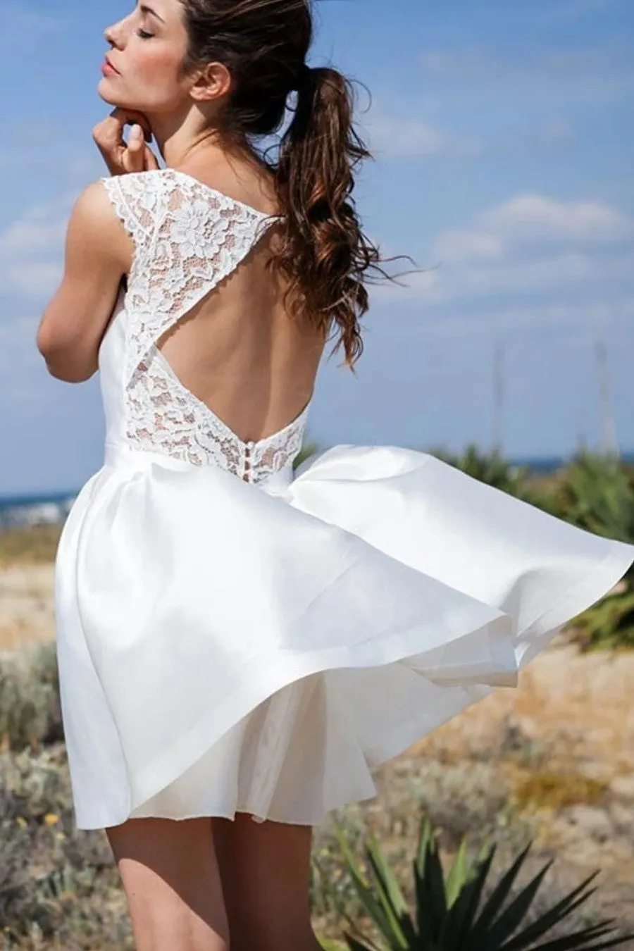 Short Informal White Wedding Dress with Lace Neckline