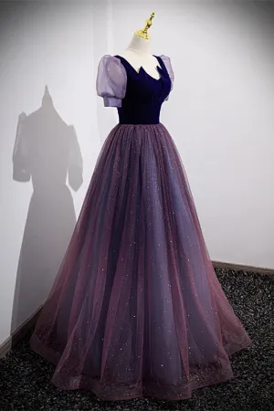 Short Sleeves Purple and Navy Long Formal Dress