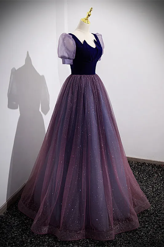 Short Sleeves Purple and Navy Long Formal Dress
