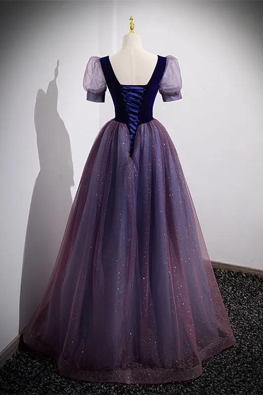 Short Sleeves Purple and Navy Long Formal Dress
