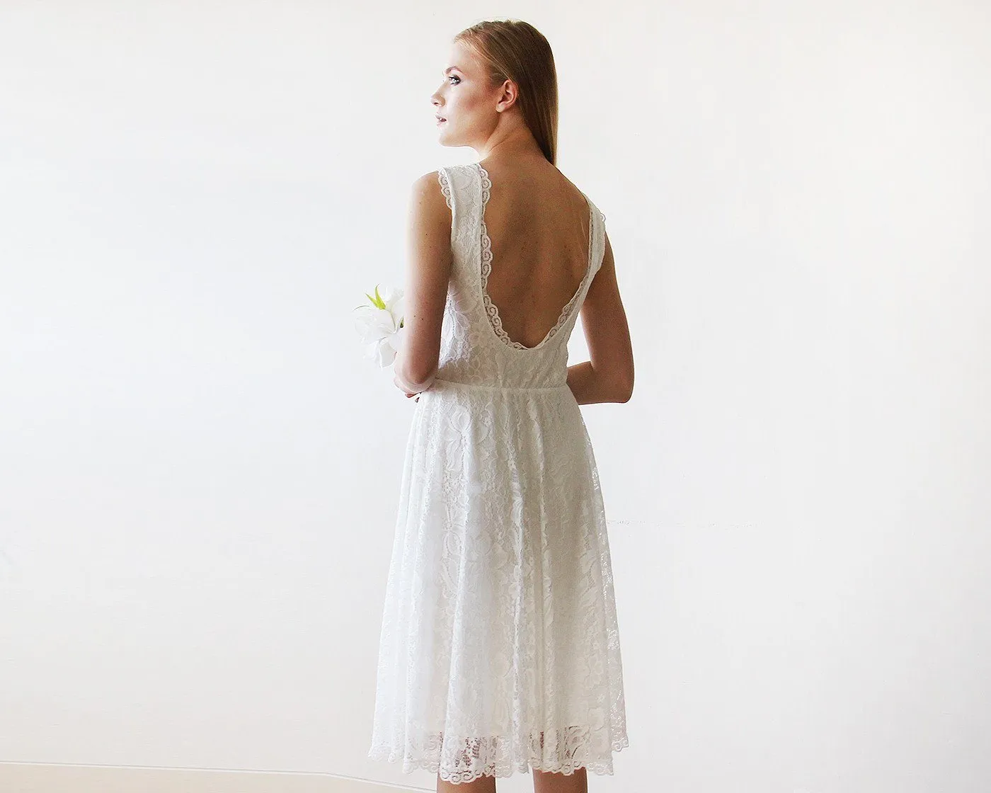 Short wedding dress ,Open back lace midi sleeveless ivory dress 1143