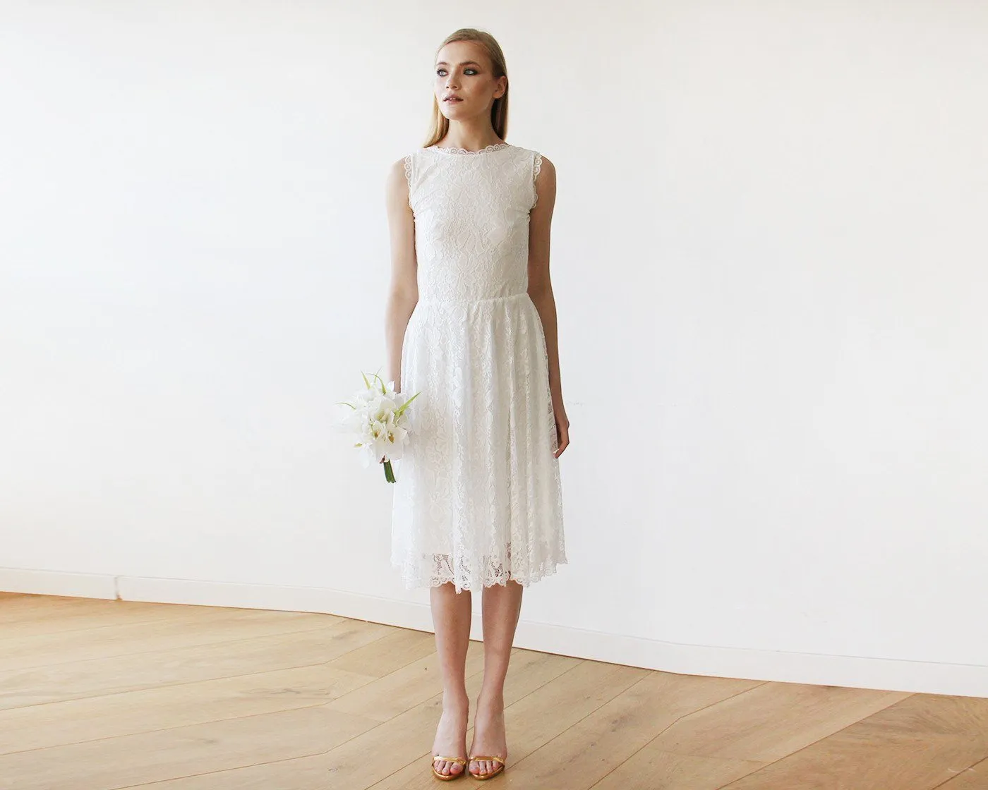 Short wedding dress ,Open back lace midi sleeveless ivory dress 1143