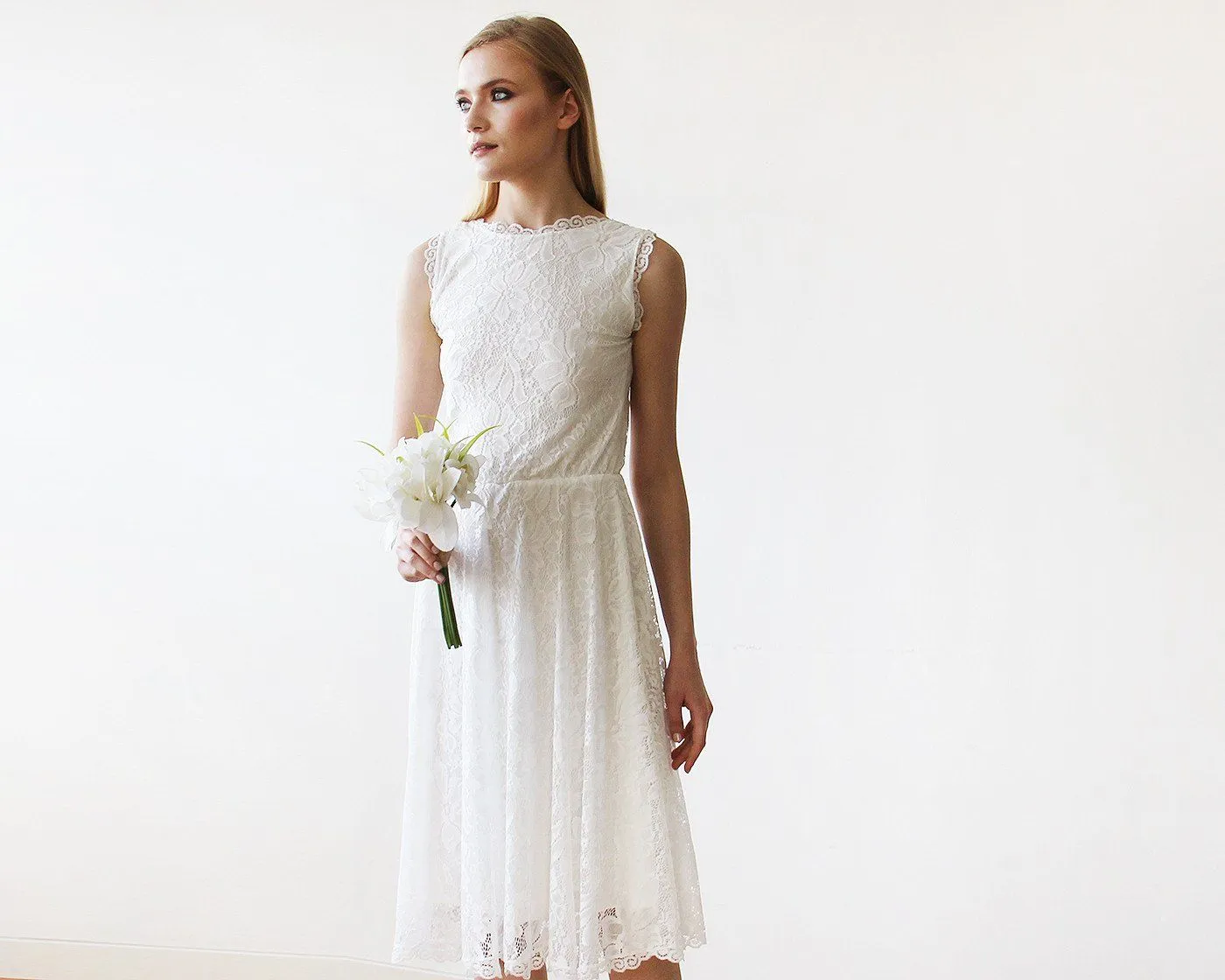 Short wedding dress ,Open back lace midi sleeveless ivory dress 1143