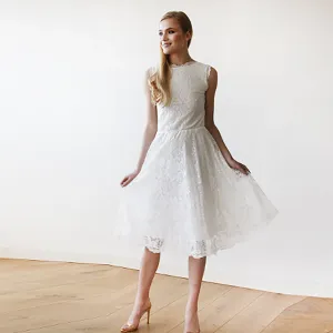 Short wedding dress ,Open back lace midi sleeveless ivory dress 1143
