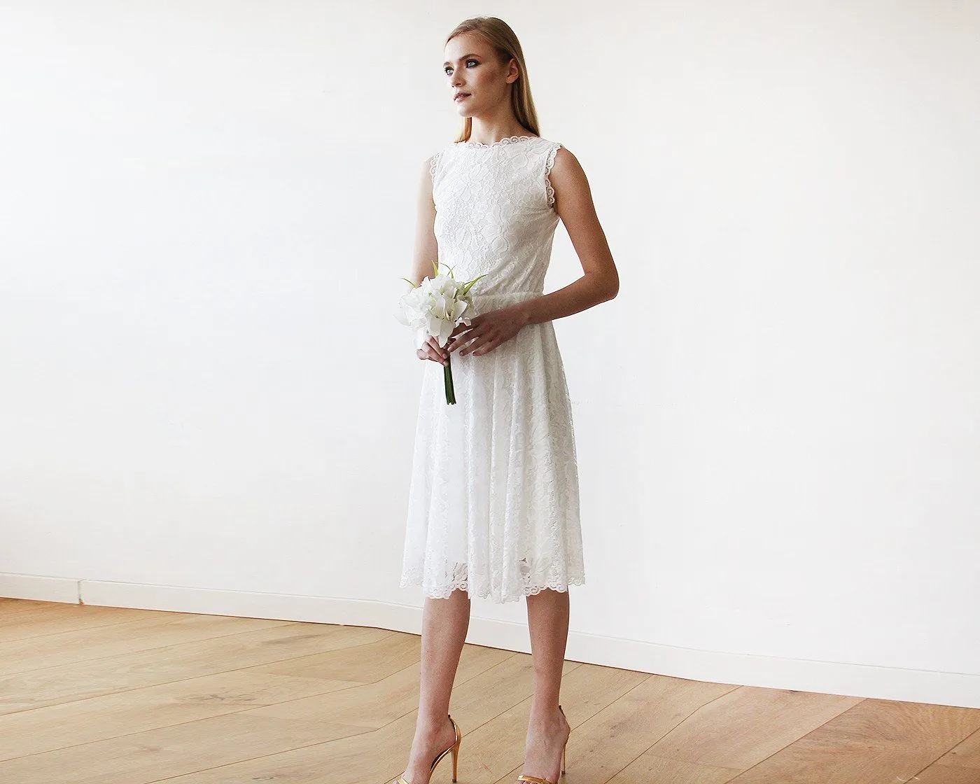 Short wedding dress ,Open back lace midi sleeveless ivory dress 1143