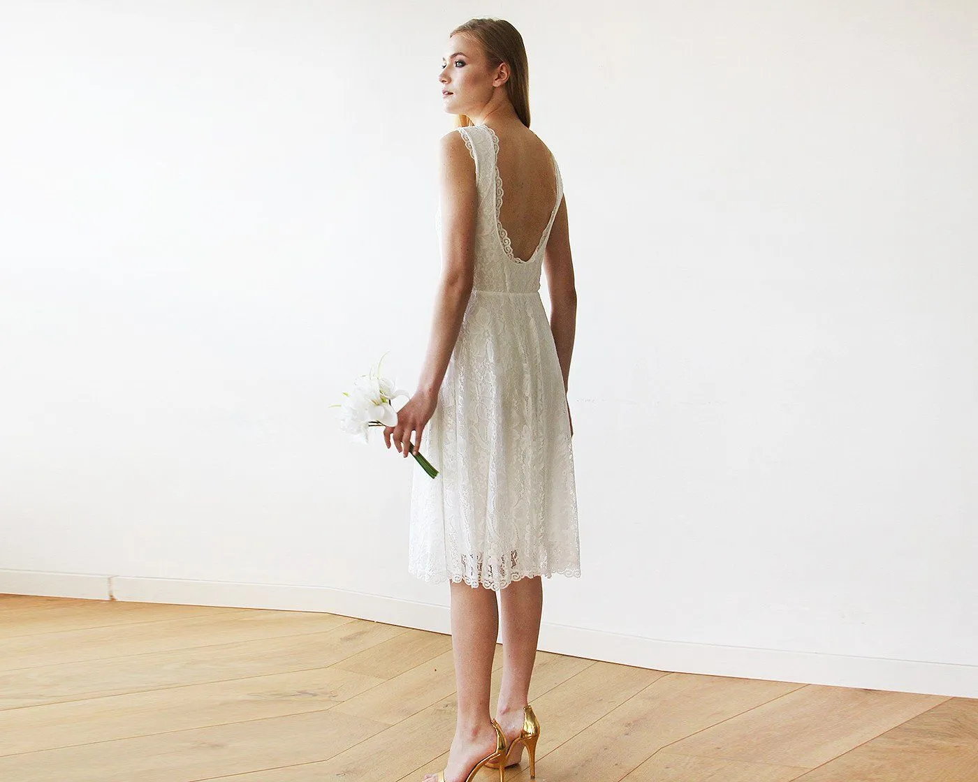 Short wedding dress ,Open back lace midi sleeveless ivory dress 1143