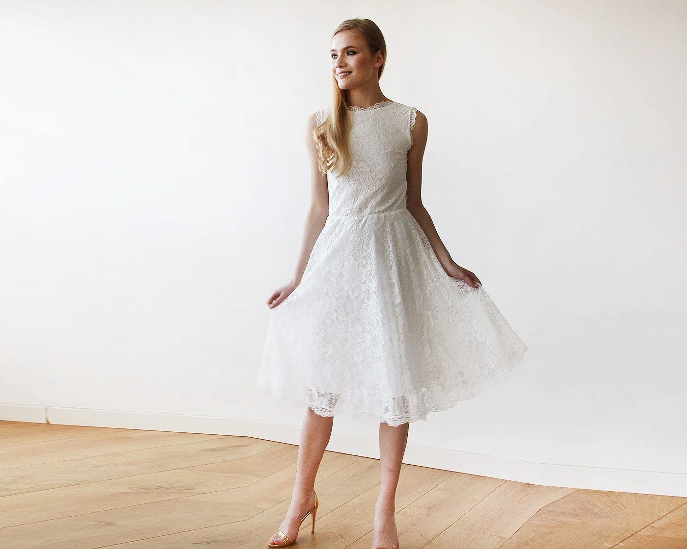 Short wedding dress ,Open back lace midi sleeveless ivory dress 1143