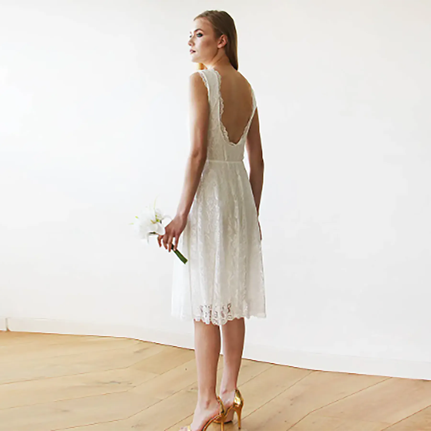 Short wedding dress ,Open back lace midi sleeveless ivory dress 1143