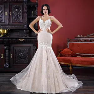 Shoulder Straps Zipper Up Trumpet Wedding Gowns