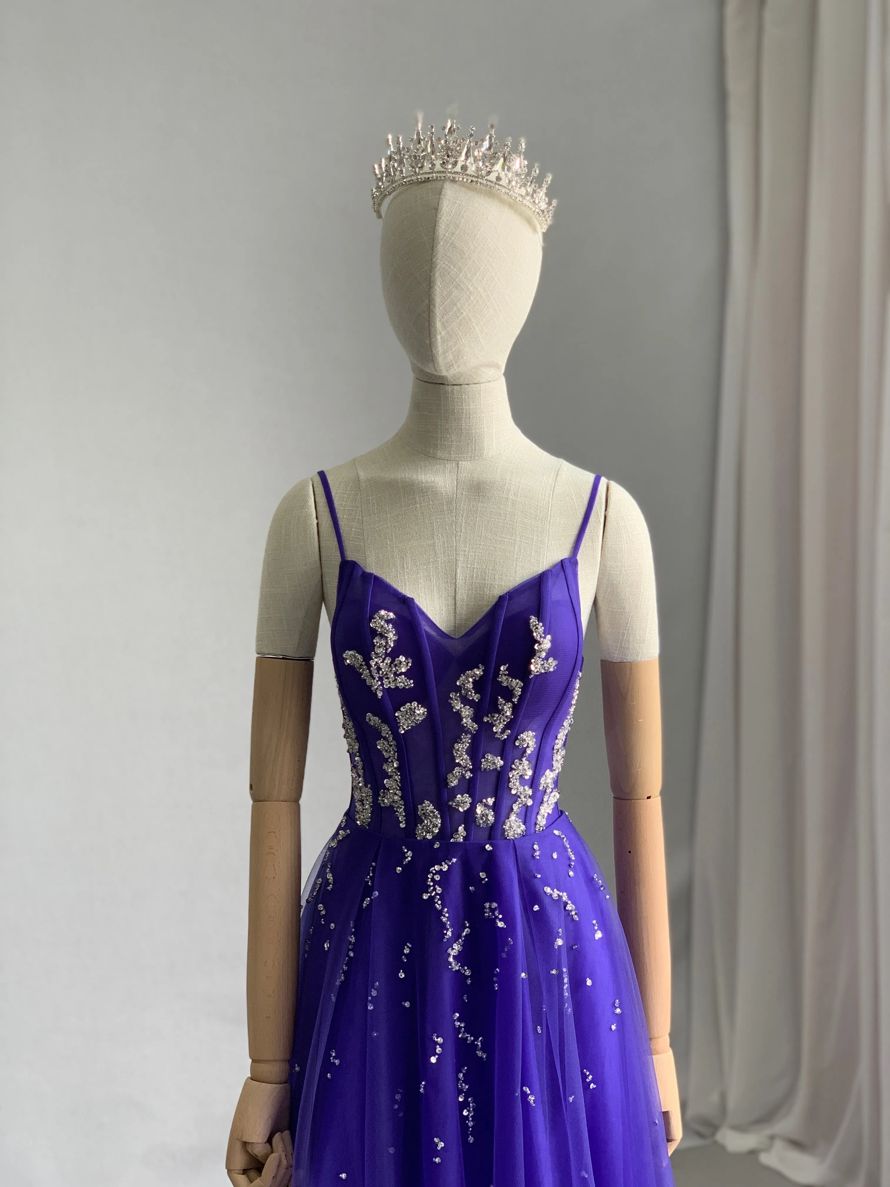 Silver Beading Colored Tulle A-Line Evening Dress Zoey