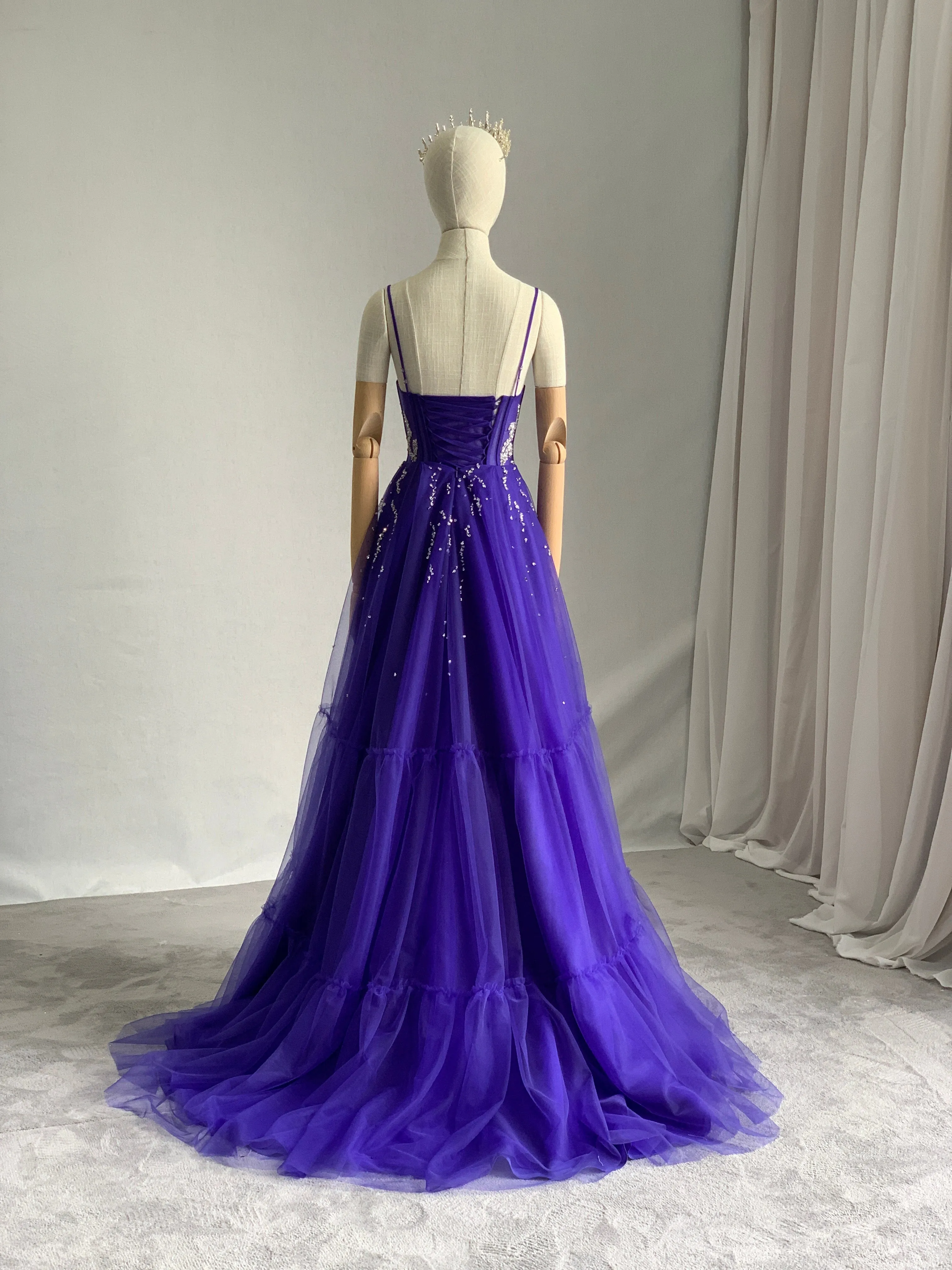 Silver Beading Colored Tulle A-Line Evening Dress Zoey