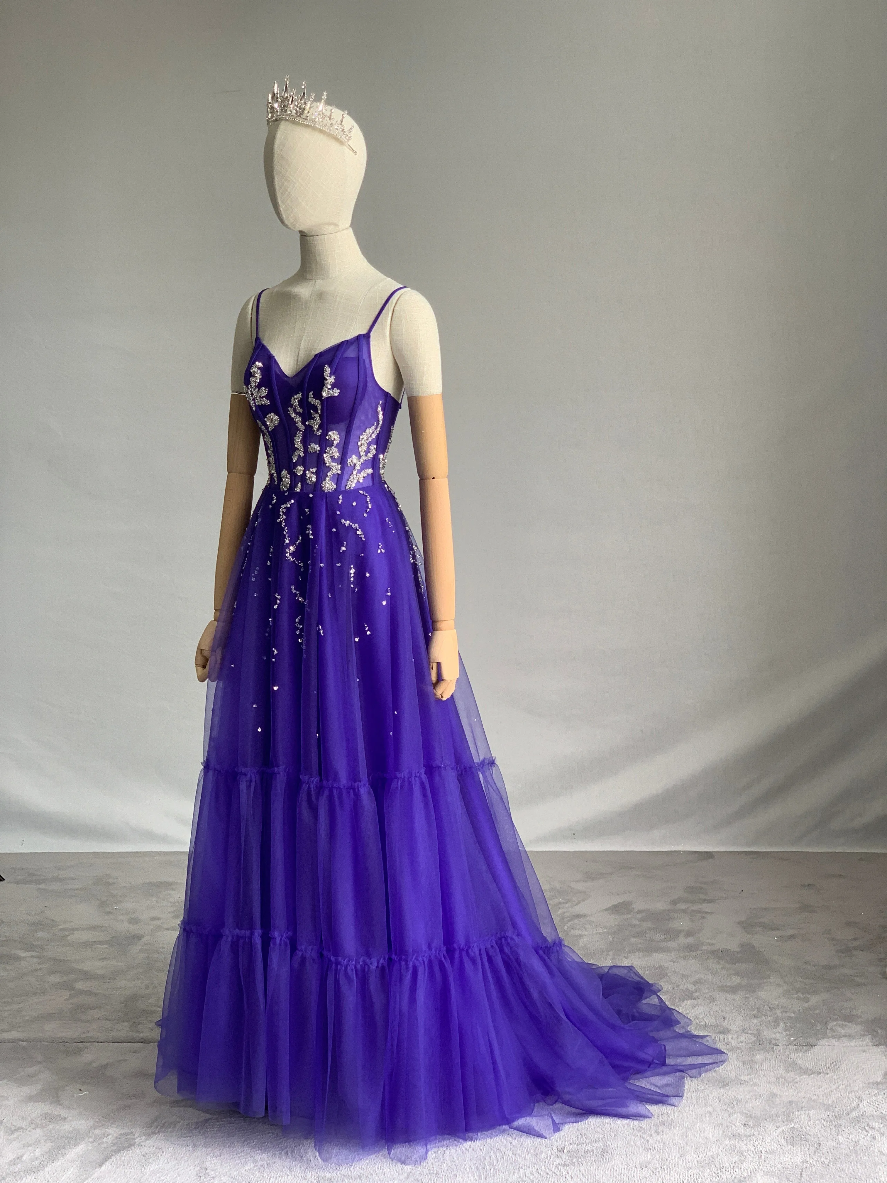 Silver Beading Colored Tulle A-Line Evening Dress Zoey