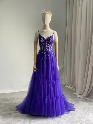 Silver Beading Colored Tulle A-Line Evening Dress Zoey