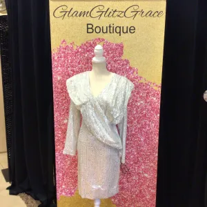 Silver Sequin Long Sleeves Dress With V-Open in the back
