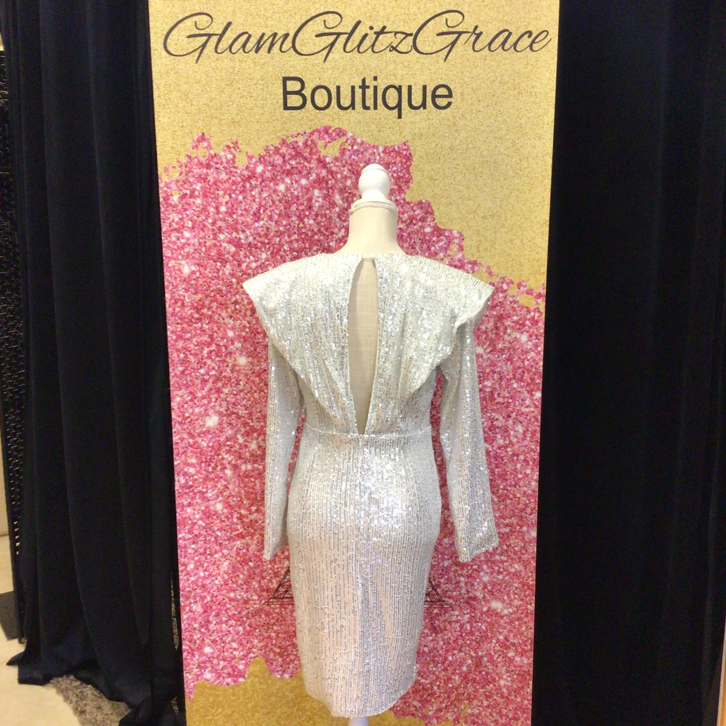 Silver Sequin Long Sleeves Dress With V-Open in the back