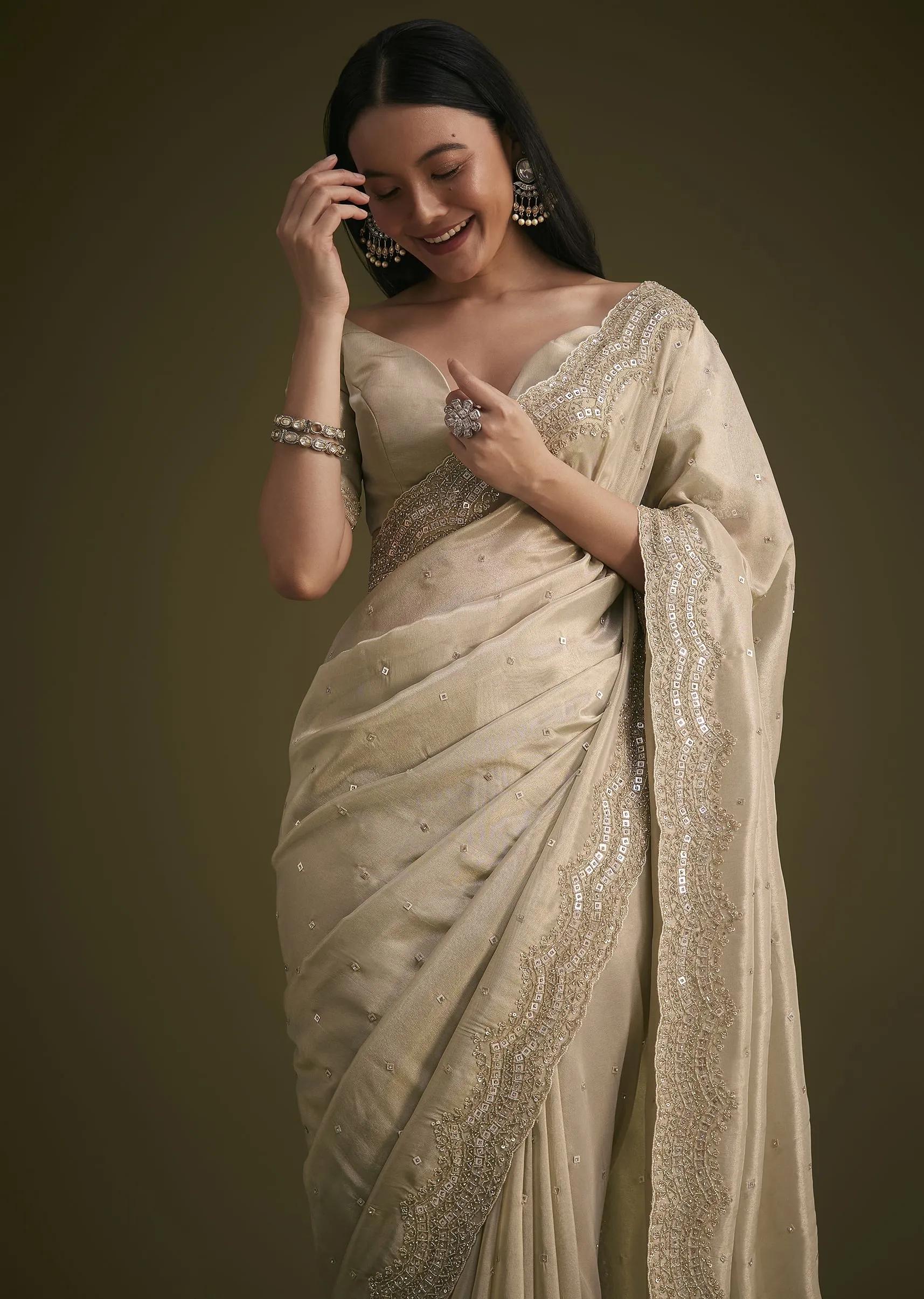 Silver Tissue Saree With Embroidered Border