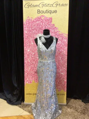 Silver V-Neck Sequin Flower Embroidery Dress