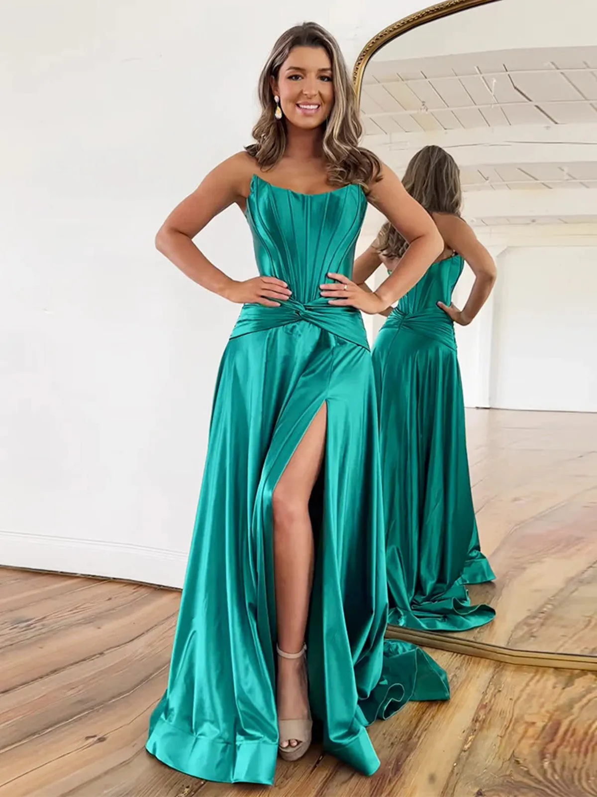 Simple A Line Gree Satin Long Prom Dresses, Satin Green Long Formal Evening Dresses