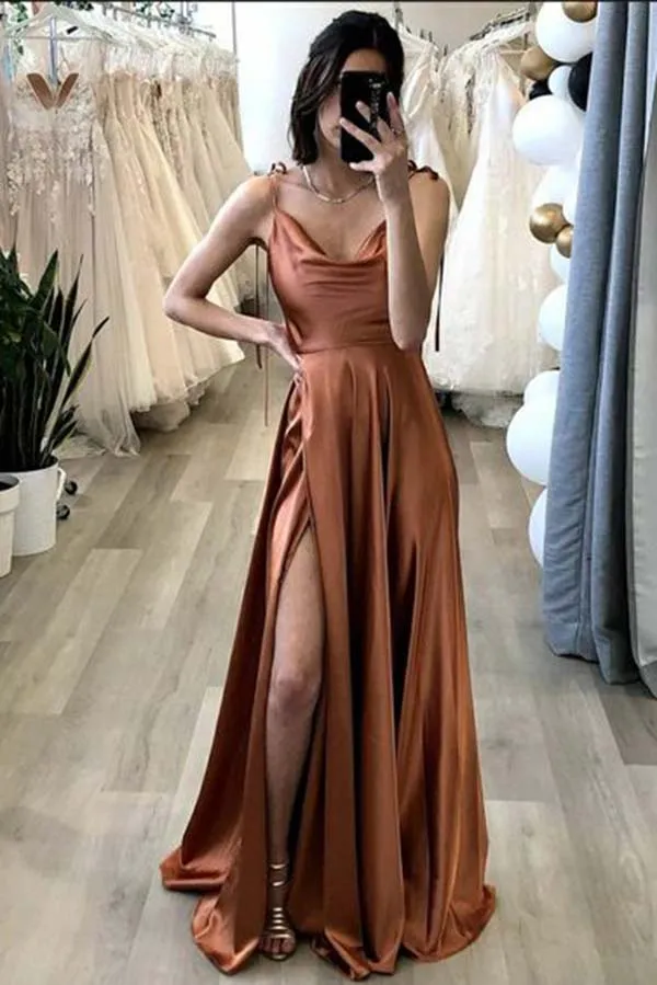 Simple A-line Spaghetti Straps Long Prom Dress With Slit, Evening Gown, MP696