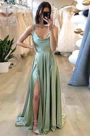 Simple A-line Spaghetti Straps Long Prom Dress With Slit, Evening Gown, MP696