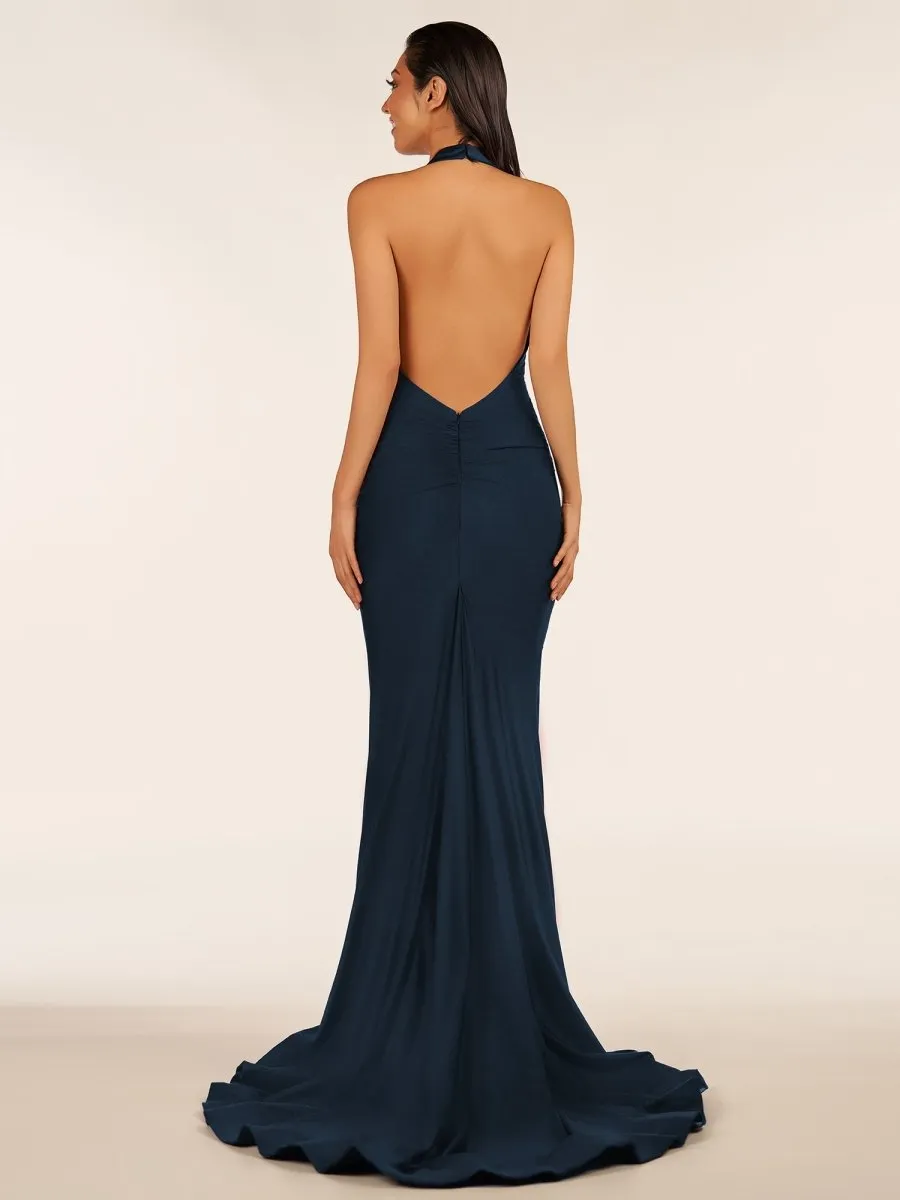 Simple Black Halter Backless Mermaid Long Prom Dress