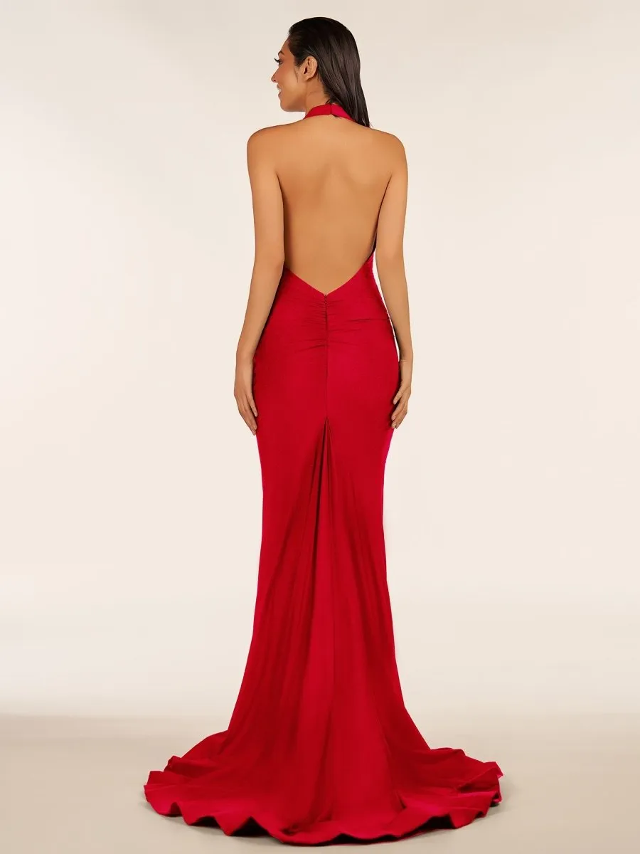 Simple Black Halter Backless Mermaid Long Prom Dress