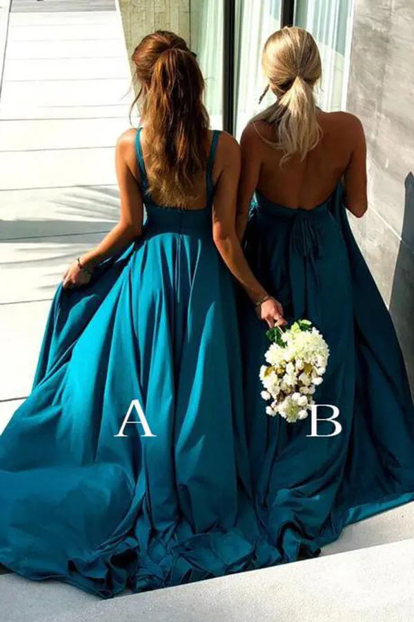 Simple Blue A-line V-neck Long Bridesmaid Dresses With High Slit, MBD143