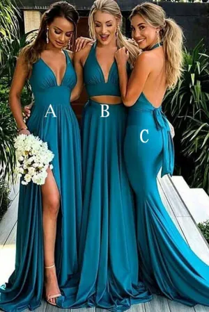 Simple Blue A-line V-neck Long Bridesmaid Dresses With High Slit, MBD143