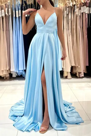 Simple Blue Satin A-line V-neck Long Prom Dresses, Party Dresses, MP785