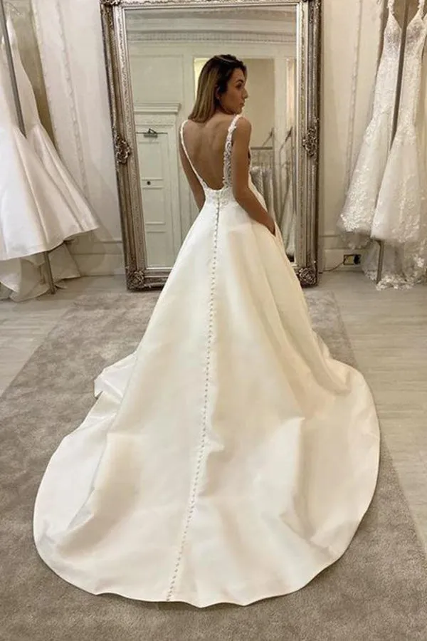 Simple Ivory Satin A-line V-neck Backless Wedding Dress Bridal Gowns, SW340