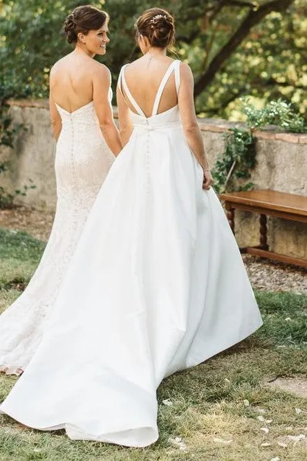 Simple Long Train Garden Wedding Gown with Boat Neck