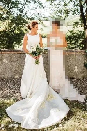 Simple Long Train Garden Wedding Gown with Boat Neck