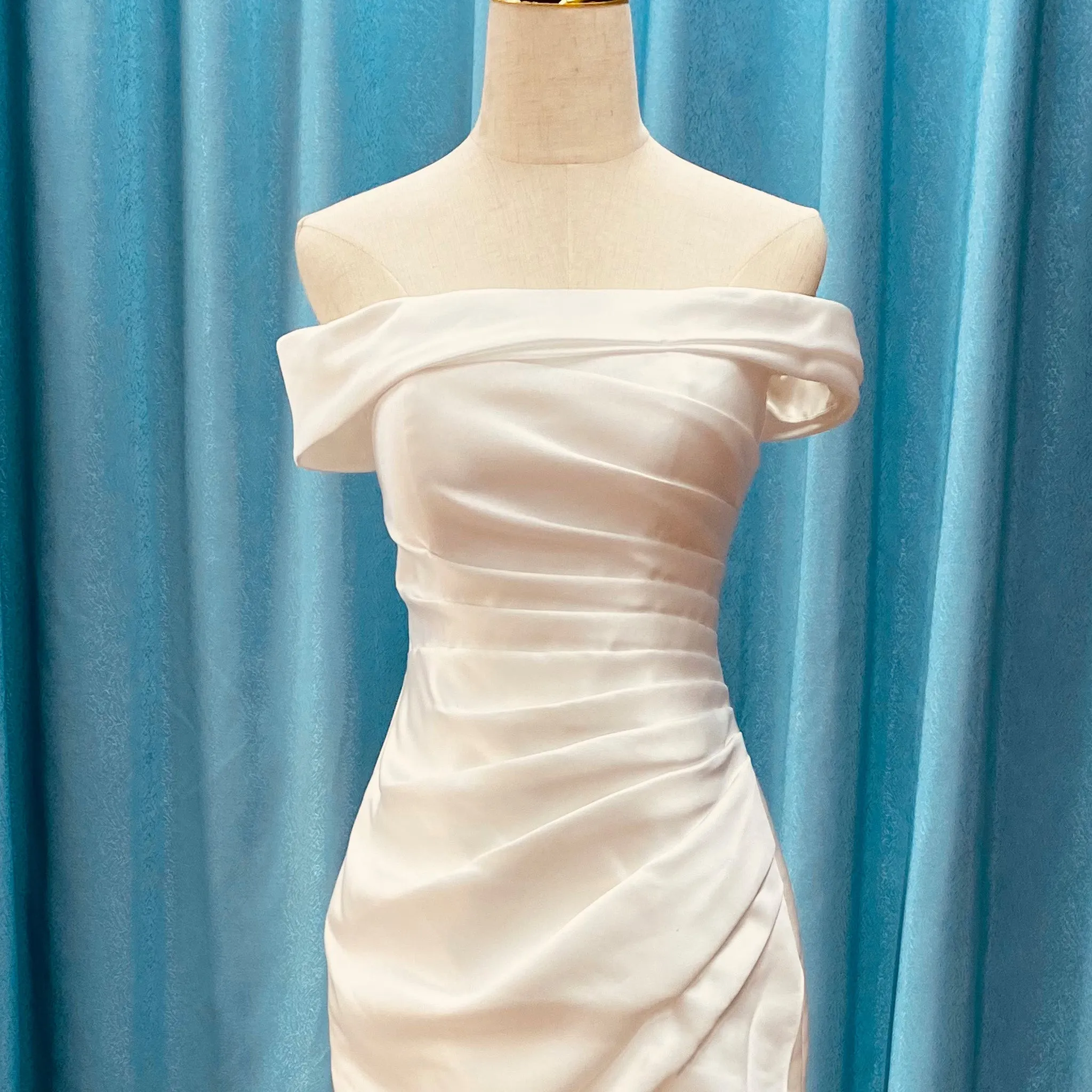 Simple Off Shoulder Ruched Satin Mermaid Wedding Dress with Leg Slit
