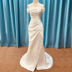 Simple Off Shoulder Ruched Satin Mermaid Wedding Dress with Leg Slit