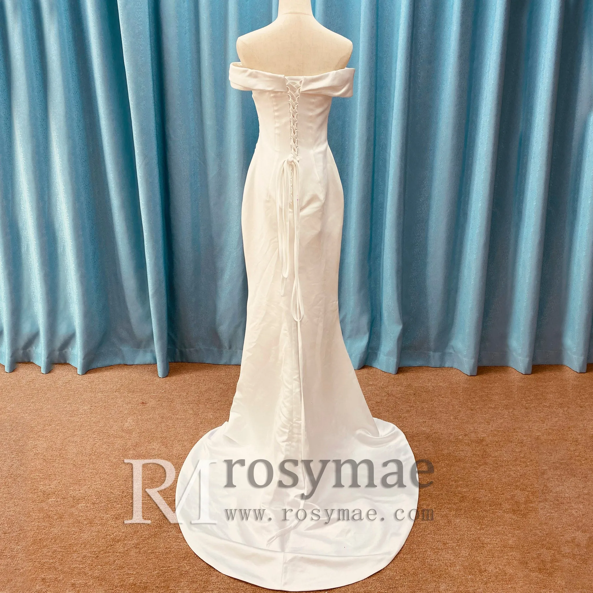 Simple Off Shoulder Ruched Satin Mermaid Wedding Dress with Leg Slit