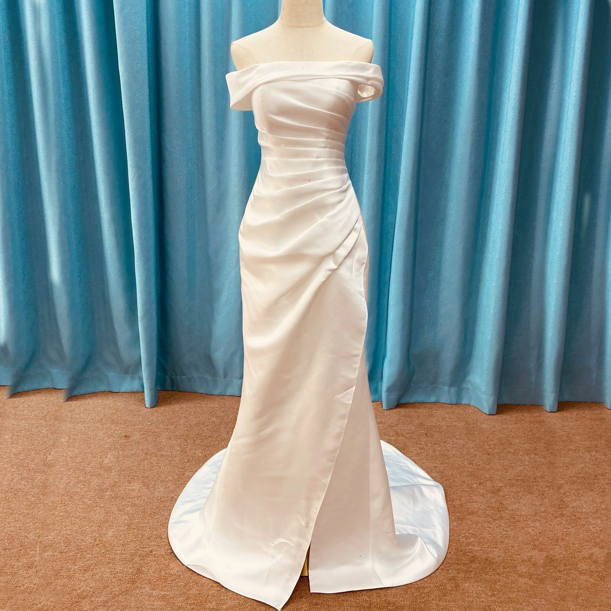 Simple Off Shoulder Ruched Satin Mermaid Wedding Dress with Leg Slit