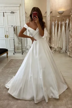 Simple Off-shoulder Satin Bridal Dress with Dramantic Train