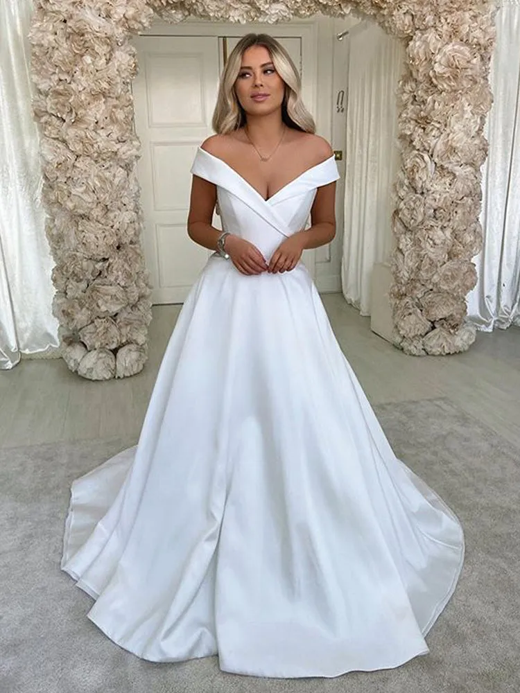 Simple Off-shoulder Satin Bridal Dress with Dramantic Train