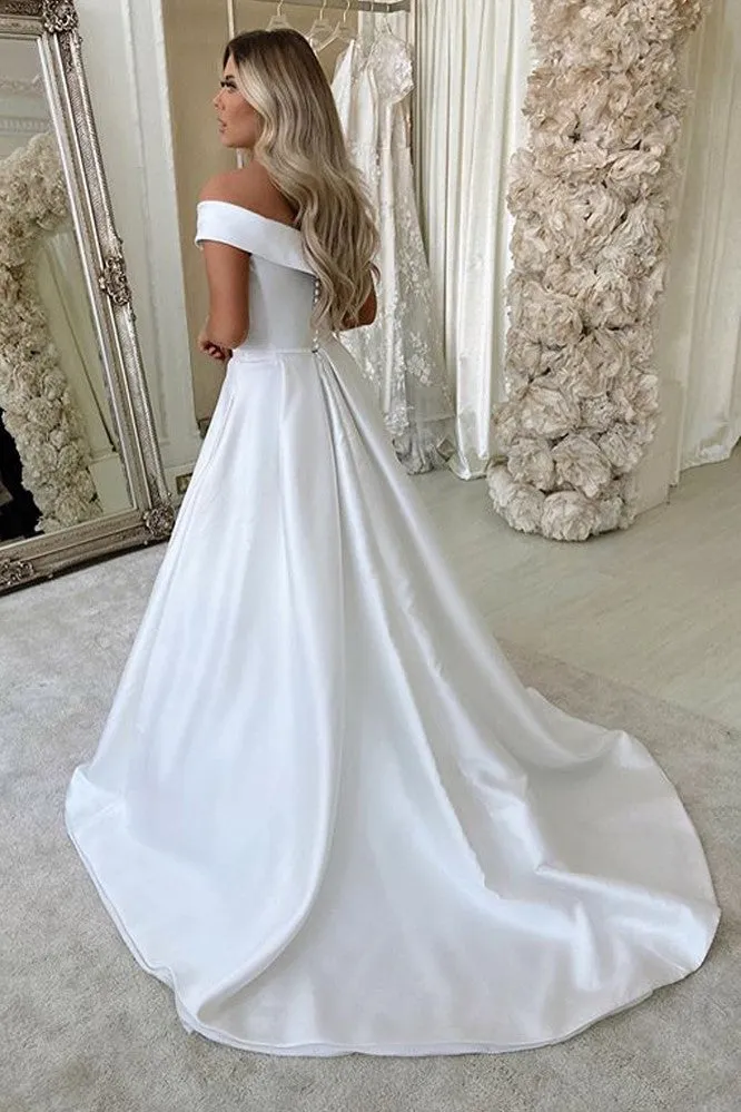 Simple Off-shoulder Satin Bridal Dress with Dramantic Train