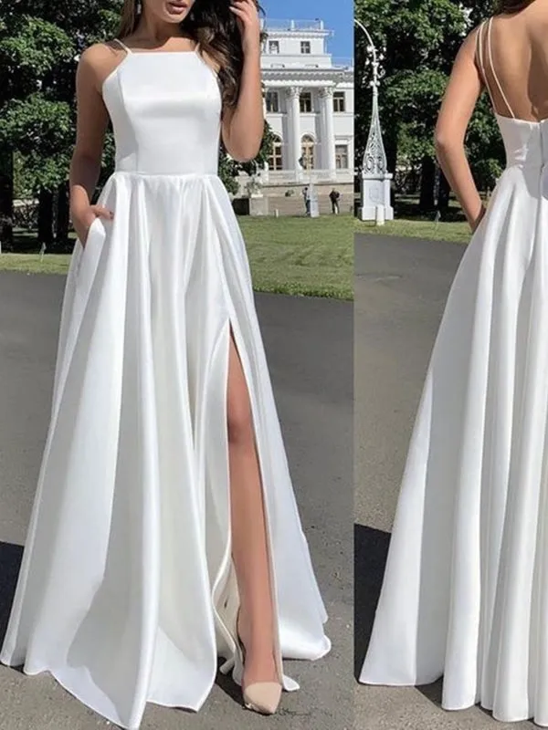 Simple Open Back White Satin Long Prom Dresses with High Slit, Long White Formal Graduation Evening Dresses