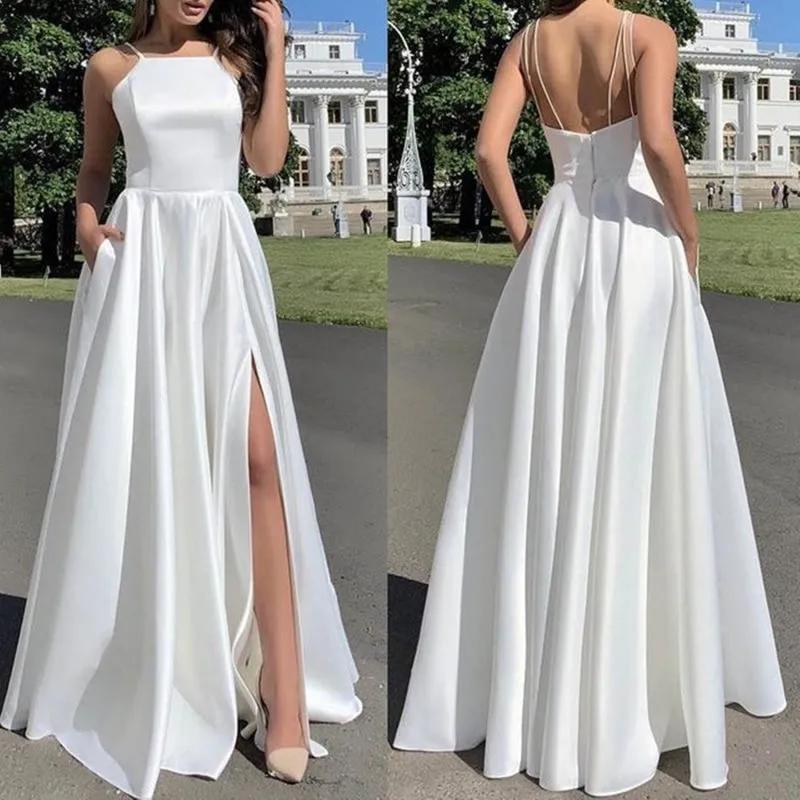 Simple Open Back White Satin Long Prom Dresses with High Slit, Long White Formal Graduation Evening Dresses