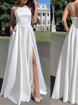 Simple Open Back White Satin Long Prom Dresses with High Slit, Long White Formal Graduation Evening Dresses