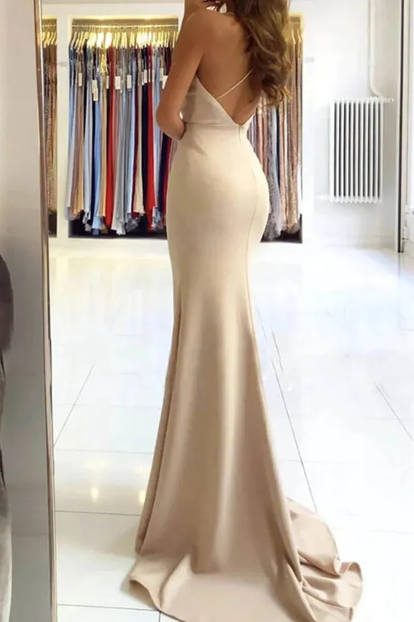 Simple Satin Mermaid V-neck Long Prom Dress With Slit, Evening Dresses, MP839