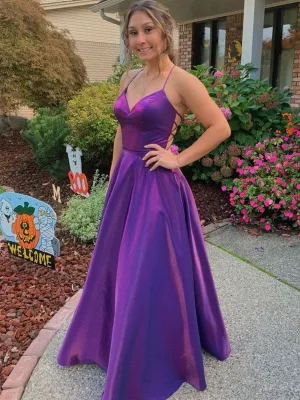 Simple V Neck Backless Purple Satin Long Prom Dresses, V Neck Purple Formal Dresses, Backless Purple Evening Dresses