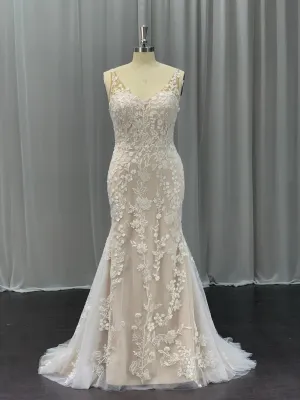 Sleeveless Floral Lace & Tulle Over Satin Fit & Flare Wedding Dress Delilah