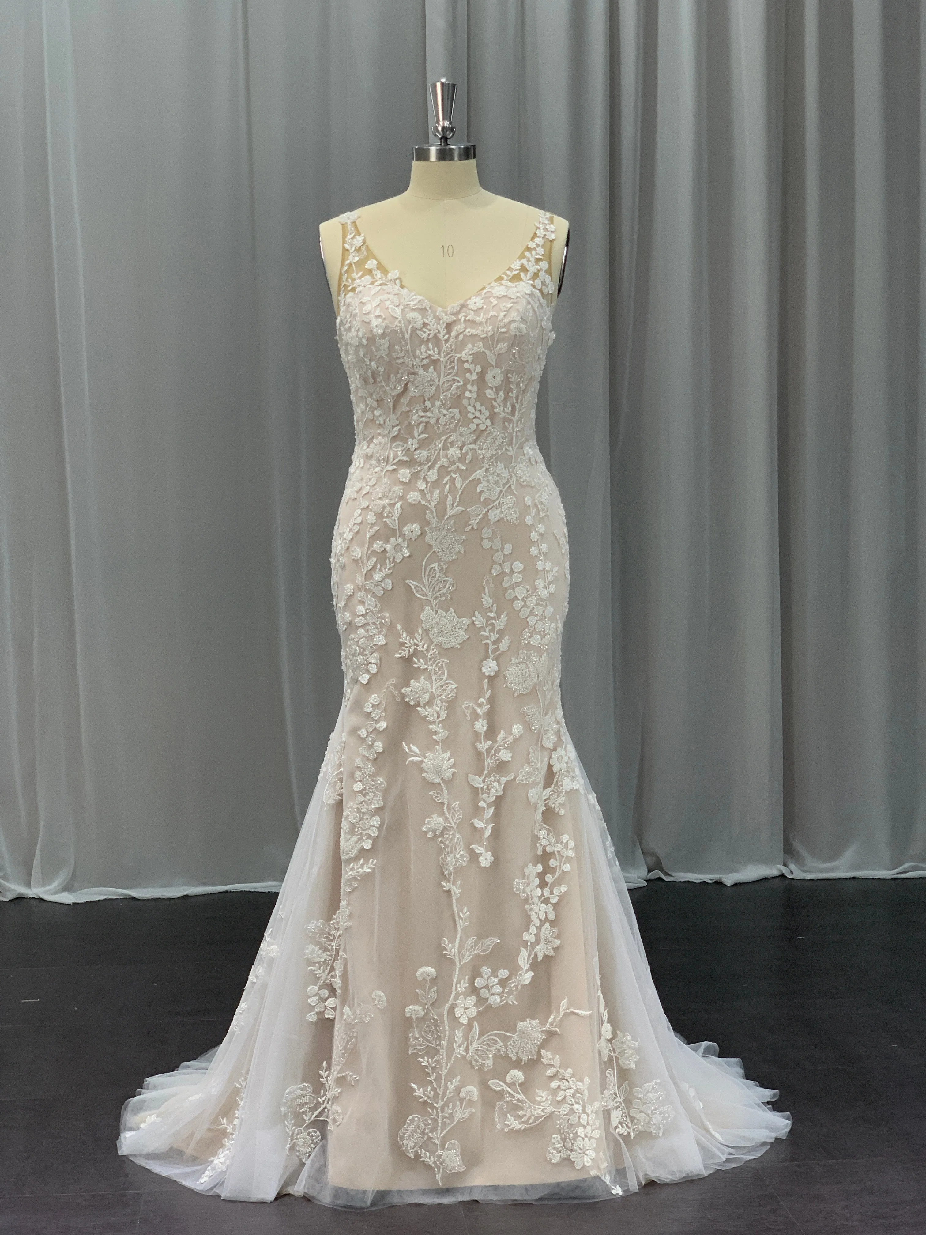 Sleeveless Floral Lace & Tulle Over Satin Fit & Flare Wedding Dress Delilah