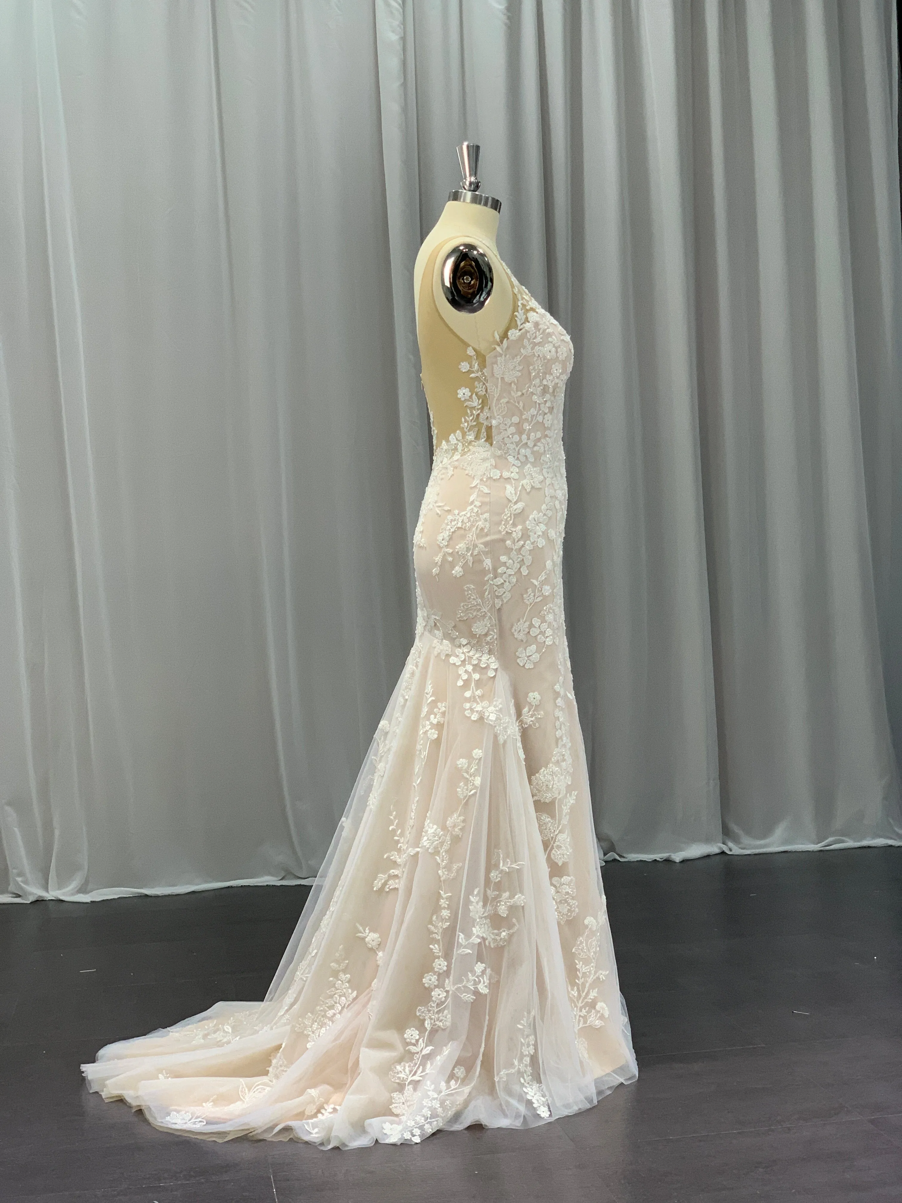 Sleeveless Floral Lace & Tulle Over Satin Fit & Flare Wedding Dress Delilah