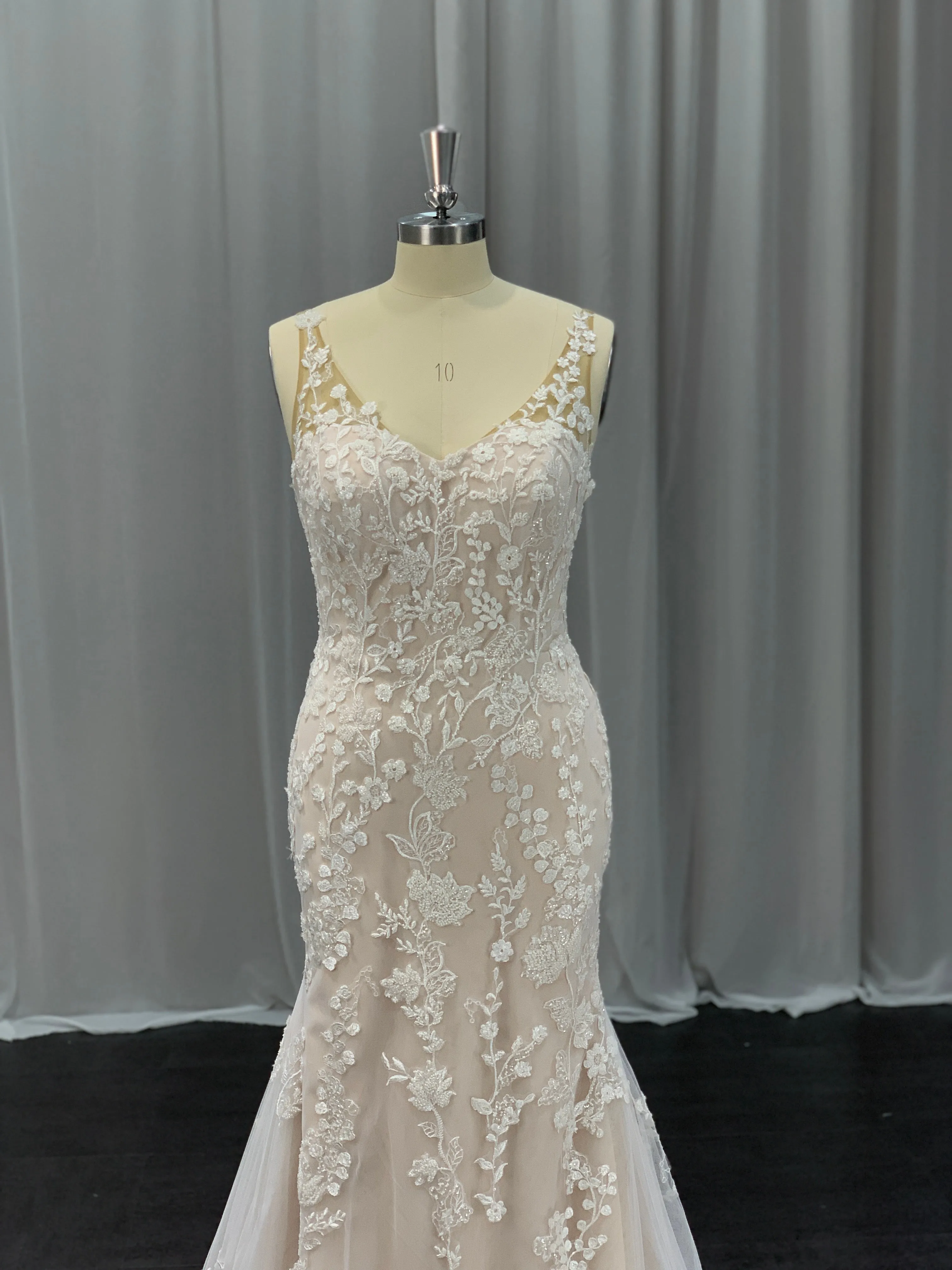 Sleeveless Floral Lace & Tulle Over Satin Fit & Flare Wedding Dress Delilah